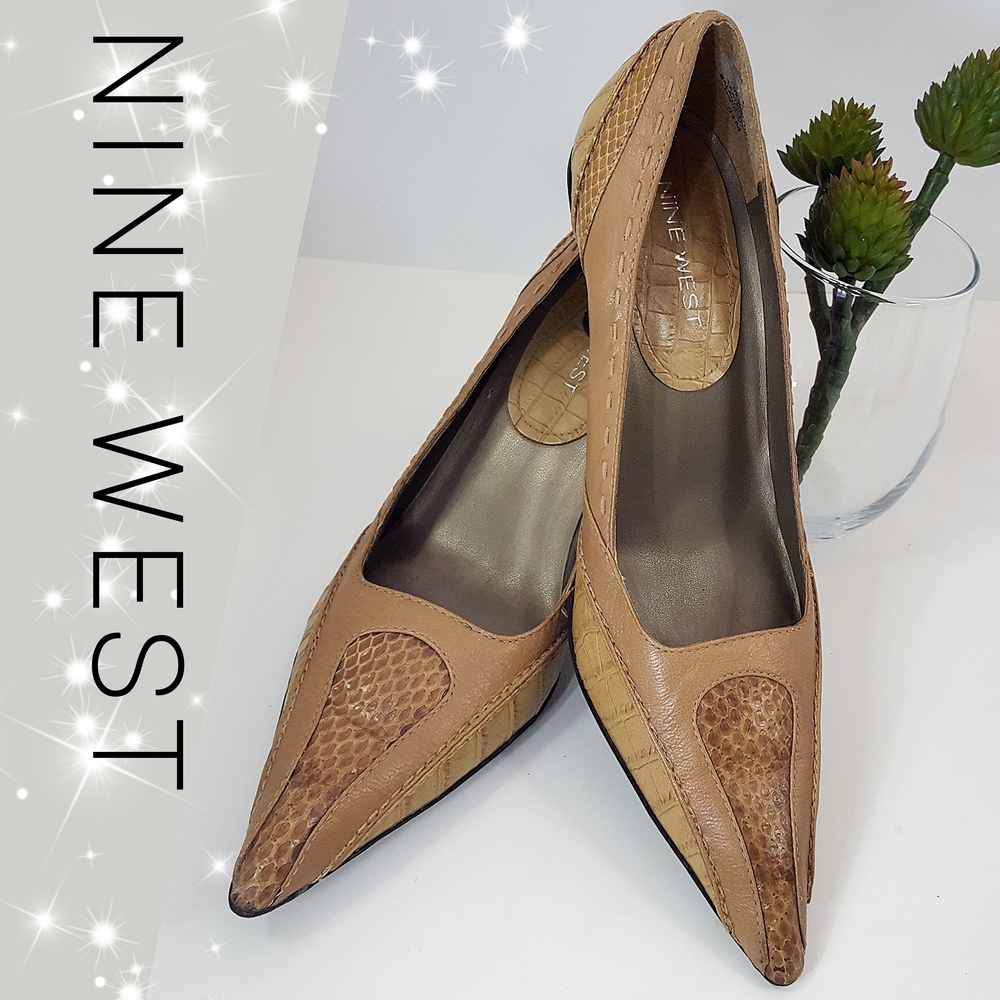 90's-Y2K Nine West🍂Tan Snake Croc Leather Pointed Heels